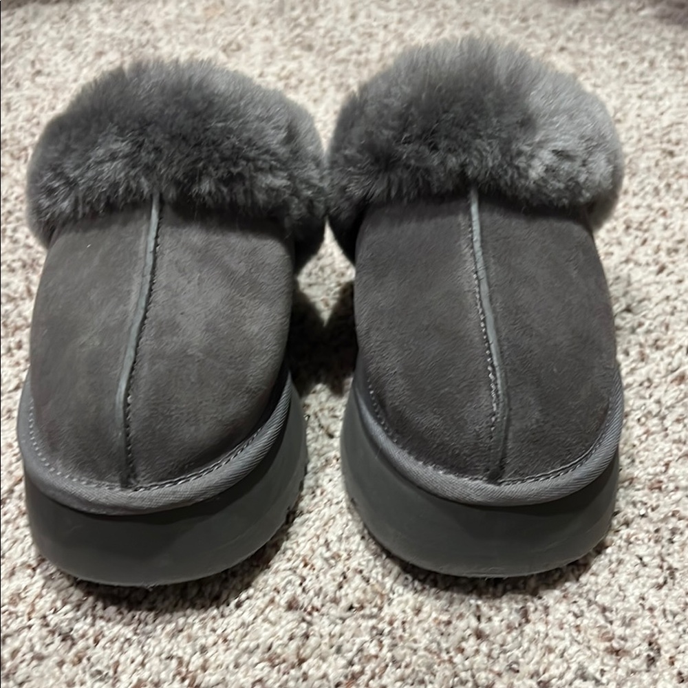 UGG Gray Fur-Lined Suede Slippers